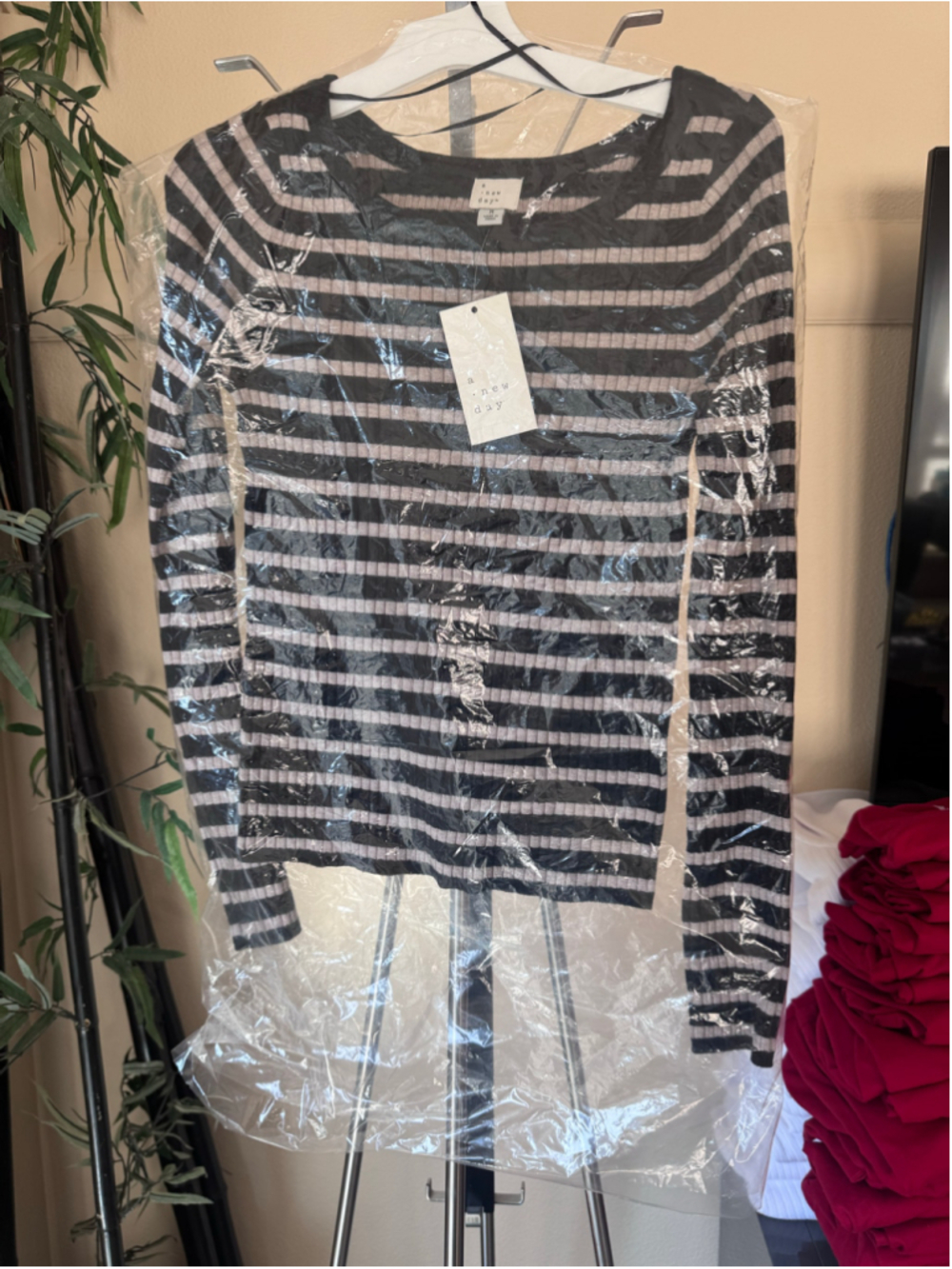 Women's A New Day Striped Long Sleeve Ribbed Tee Black Taupe Size M